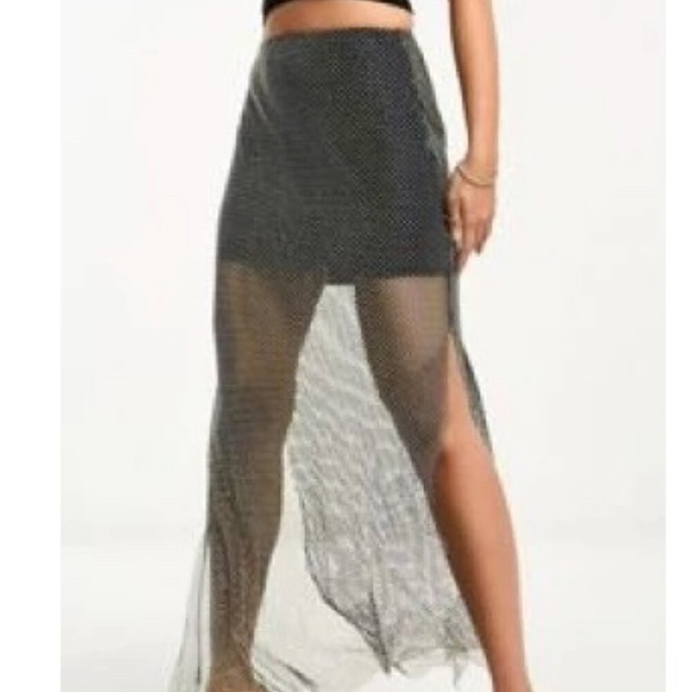 Miss Selfridge black diamante/beads mesh goth maxi skirt size 14